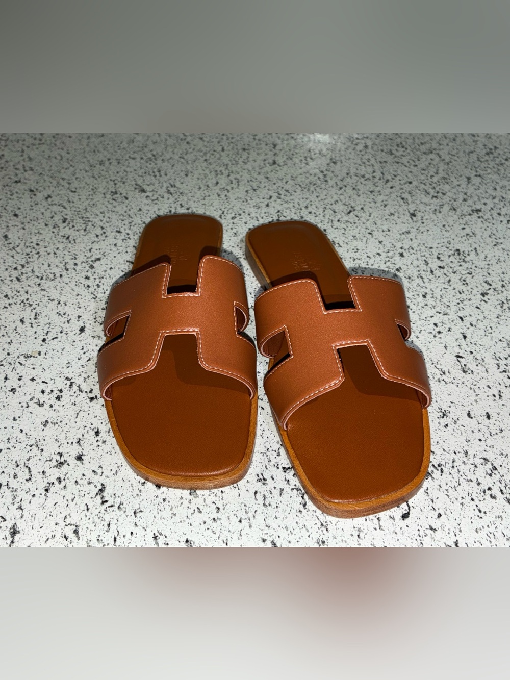 Brown Leather H-Cut Slide Sandals Flat Slip On EU 37